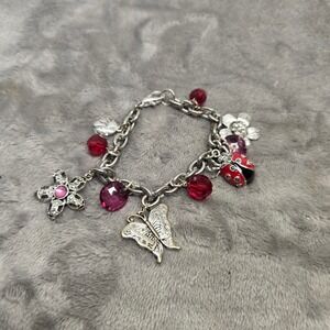 Silver Tone Ladybug Butterfly Flower Charm Bracelet Red Purple Beads 7.5 Inch